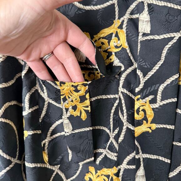 Vintage Pierre Cardin Black Gold Printed Button Up Blouse Cropped Long Sleeve, 6 - Picture 5 of 11